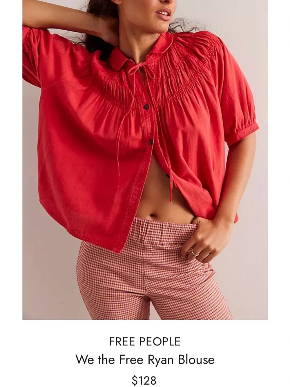 Free People Red Smocked Yoke Short-Sleeve Blouse